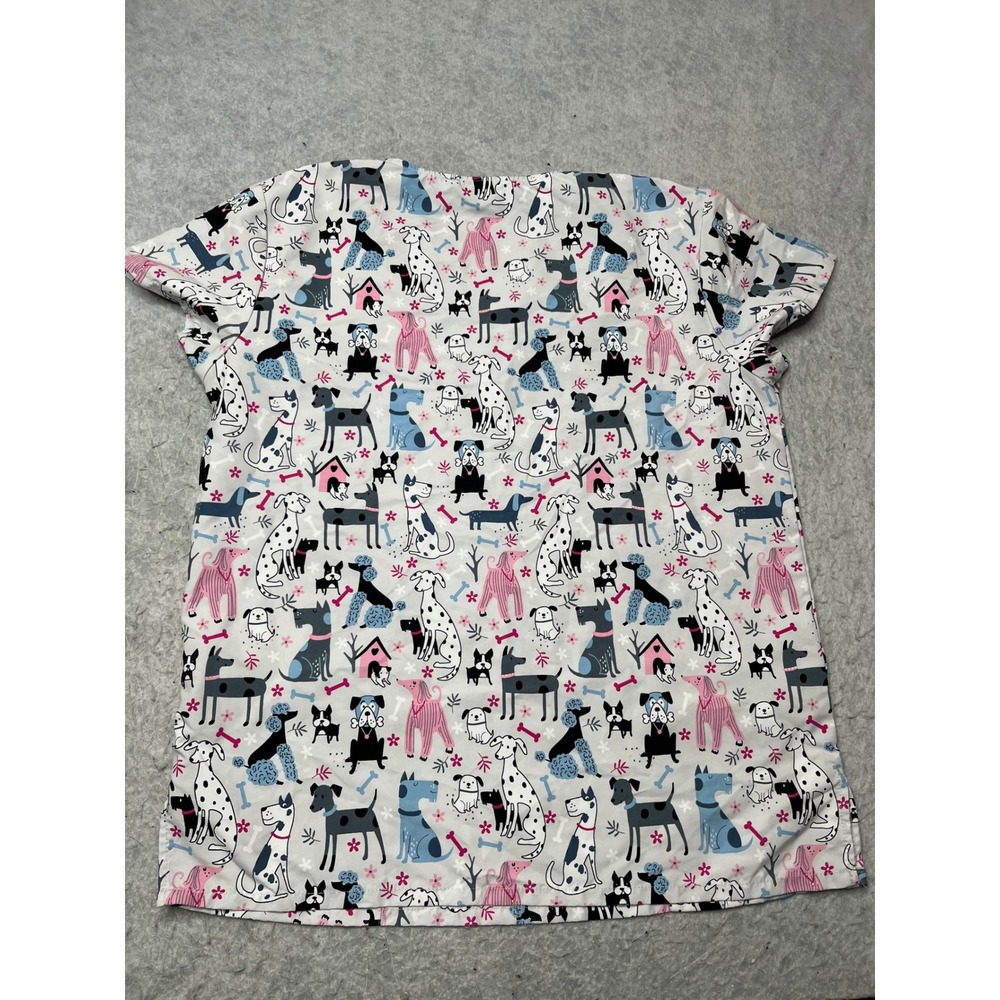 Wear For Care Womens Dog Print V-Neck Scrub Top Medium  Veterinary